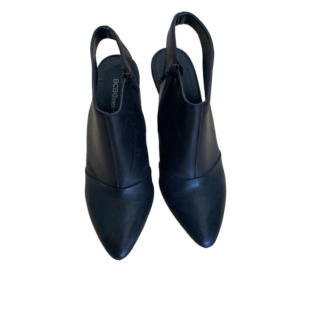 BCBGeneration Ebalynn Wm Size 8.5 Leather‎ Upper Black Heels Cut Out Wedge Strap